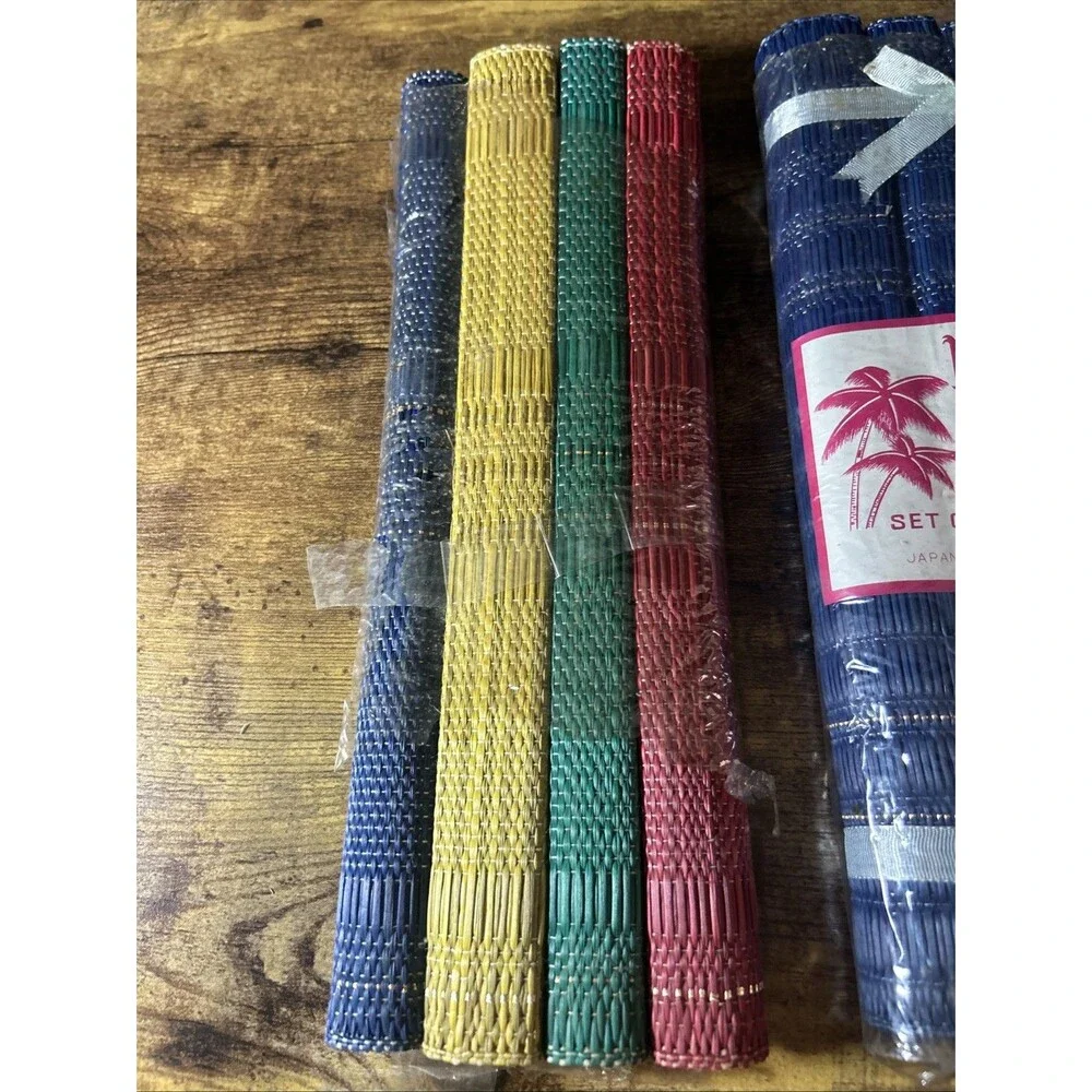 Vtg Norleans Woven Grass Placemats Tiki Bar Decor Set of 4 Blue & 4 Multicolored